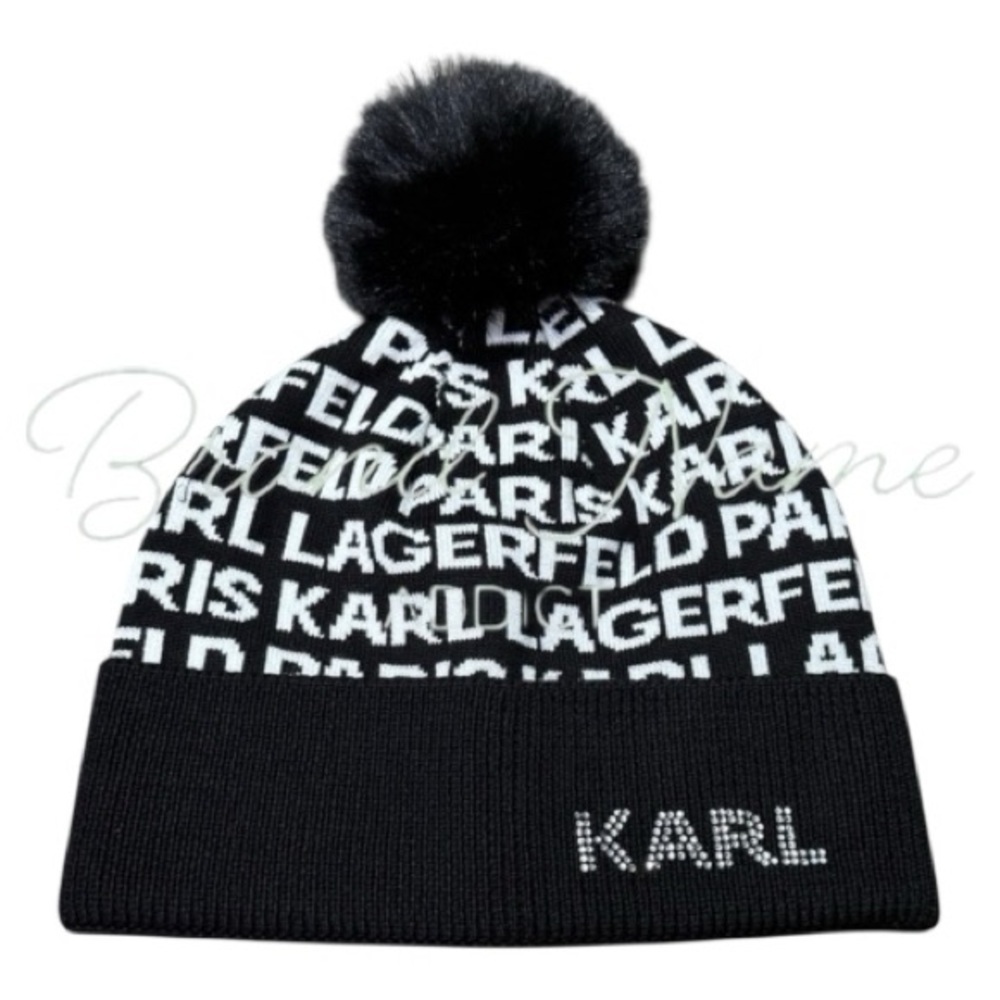 PRICE IS FIRM - Karl Lagerfeld Black and White Logo Pom Beanie Hat